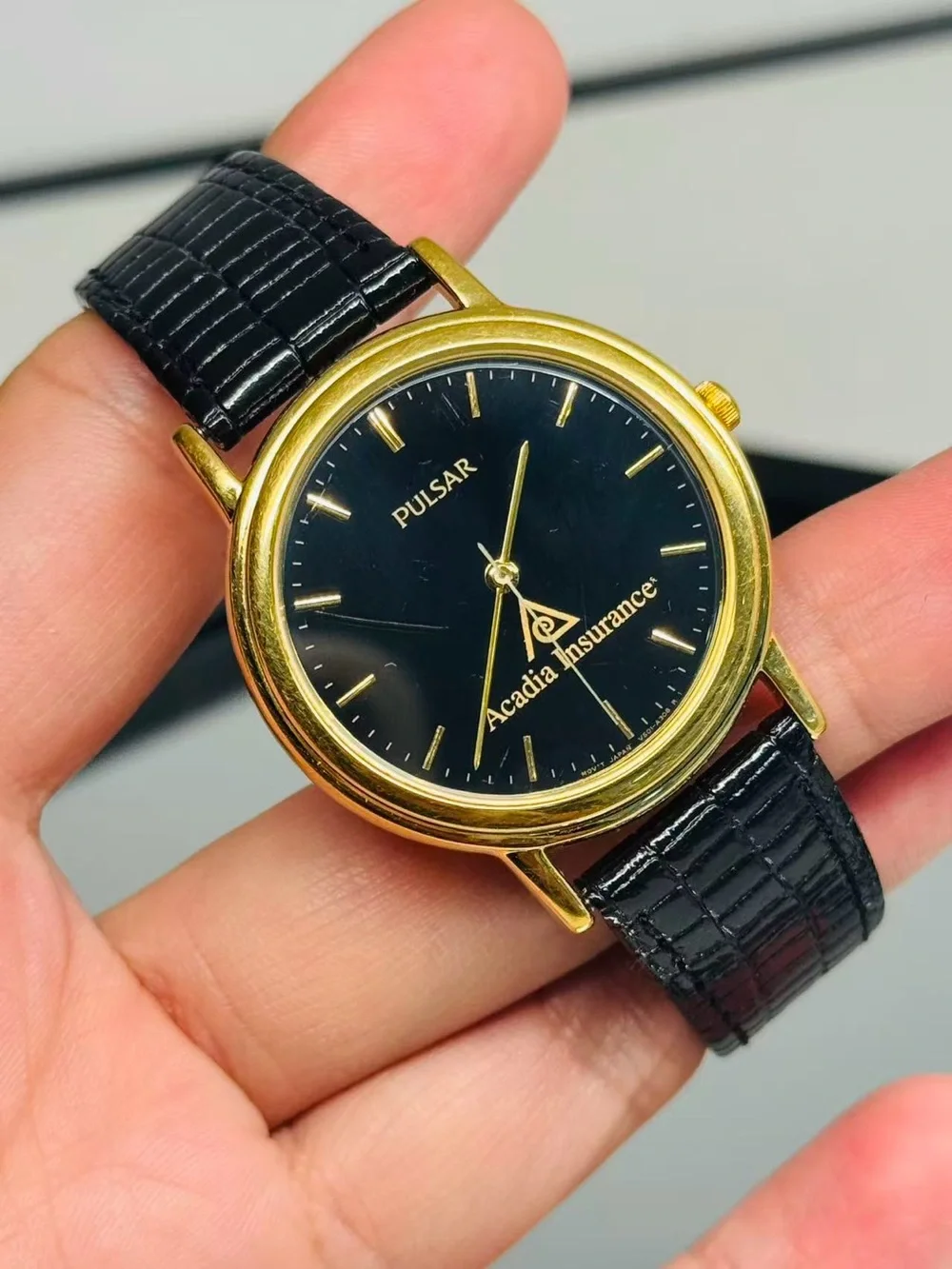 Vintage Pulsar Quartz 33mm Gold Tone Acadia Insurance Men Watch New Battery Runs
